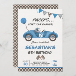 Invitación Race Car Birday Blue Carreras Track Fiesta de cump