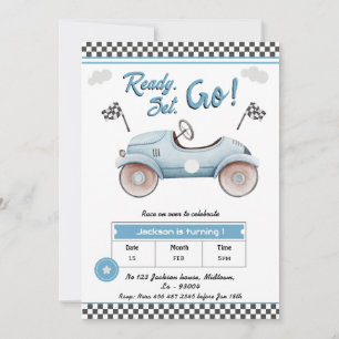 Invitación Race Car blue vintage Set listo para cumplir 1 cum