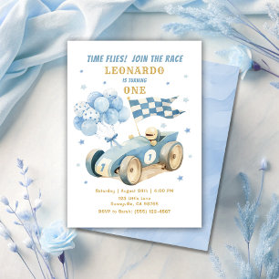 Invitación Race Car Blue Watercolor Boy Primer Cumpleaños