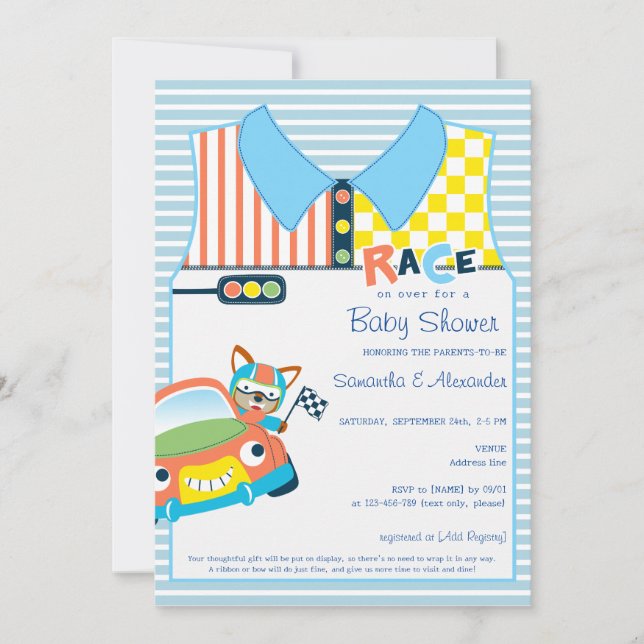 Invitación Race Car Boy Blue Fox Race Car Driver Baby Shower (Anverso)