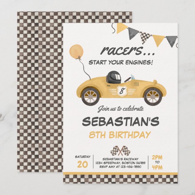 Invitación Race Car Cumpleaños Carreras Vintage Amarilla Cump (Anverso / Reverso)