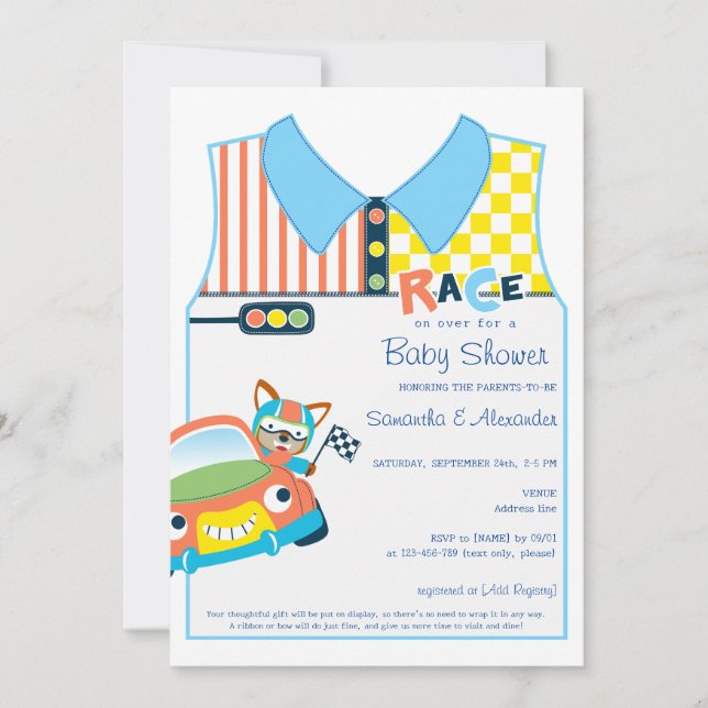 Invitación Race Car Cute Boy Fox Race Car Driver Baby Shower (Anverso)