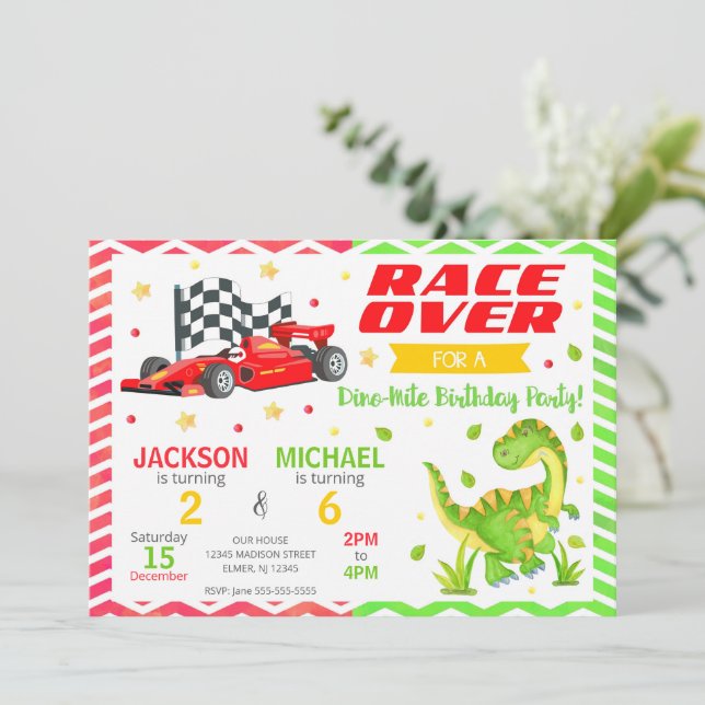 Invitación Race Car & Dinosaur Joint Birthday Invitation (Anverso de pie)