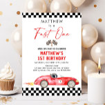 Invitación Race Car First Birday Fast One<br><div class="desc">Esta encantadora invitación incluye un coche de la raza de las acuarelas rojas con un detalle de llama.</div>