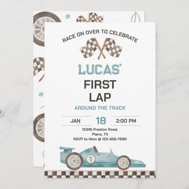 Invitación Race Car First Lap Around the Track Birthday Party (Anverso / Reverso)