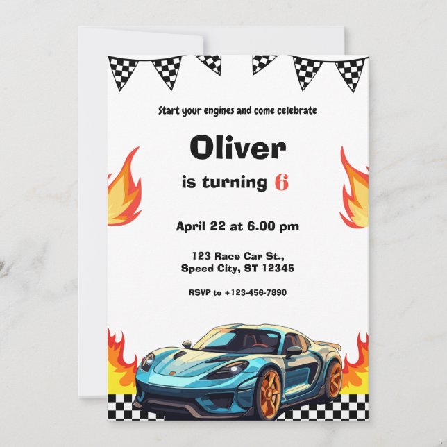 Invitación Race Car Flames Birthday Party (Anverso)