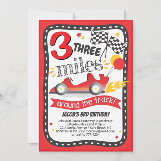 Invitación Race Car Miles Alrededor del Track Boy Birthday (Anverso)