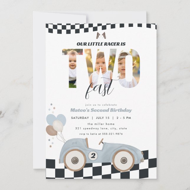 Invitación Race Car Two Fast Second Birthday Invite w/ Photo (Anverso)