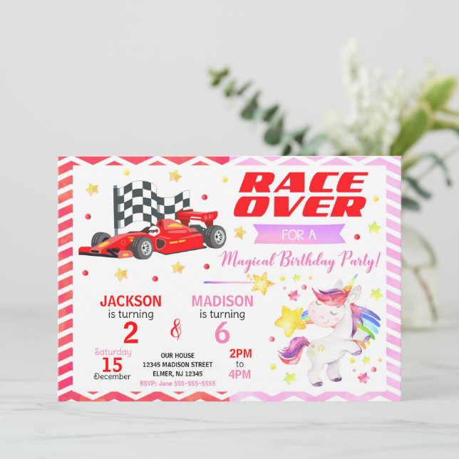 Invitación Race Car & Unicorn Joint Birthday Invitation (Anverso de pie)