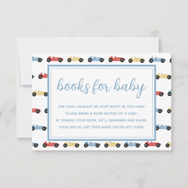 Invitación Race Cars Blue Boy Baby Shower Books For Baby Card (Anverso)