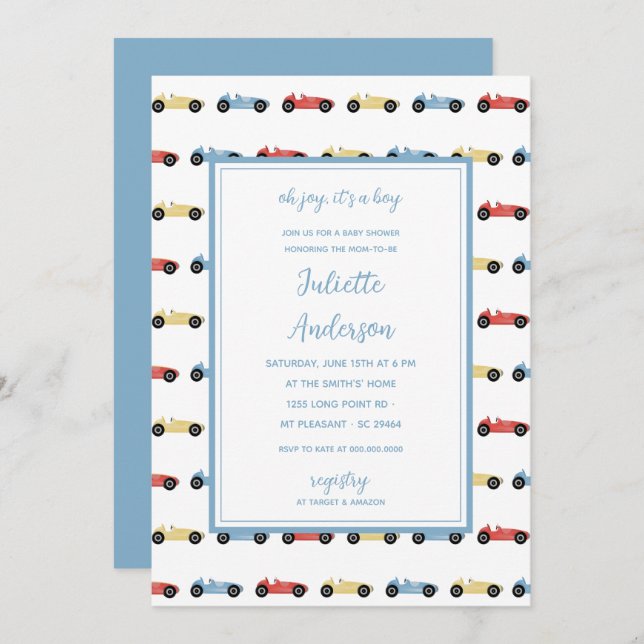 Invitación Race Cars Classic Blue Boy Baby Shower (Anverso / Reverso)