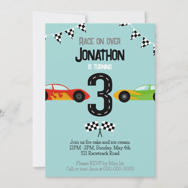 Invitación Race On Over 3 Birday Racecar Fiesta (Anverso)