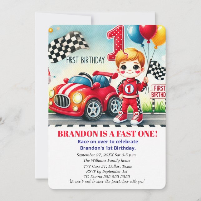 Invitación Race On Over Red Car 1st Birthday Boy Kids (Anverso)