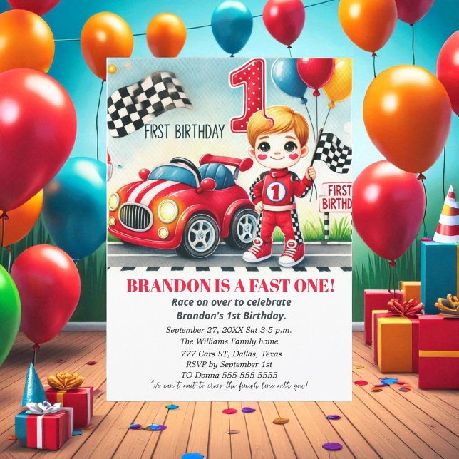Invitación Race On Over Red Car Primer Cumpleaños Niño (Subido por el creador)