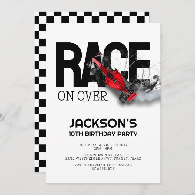 Invitación Race On Over Red Race Car Birday Party (Anverso / Reverso)