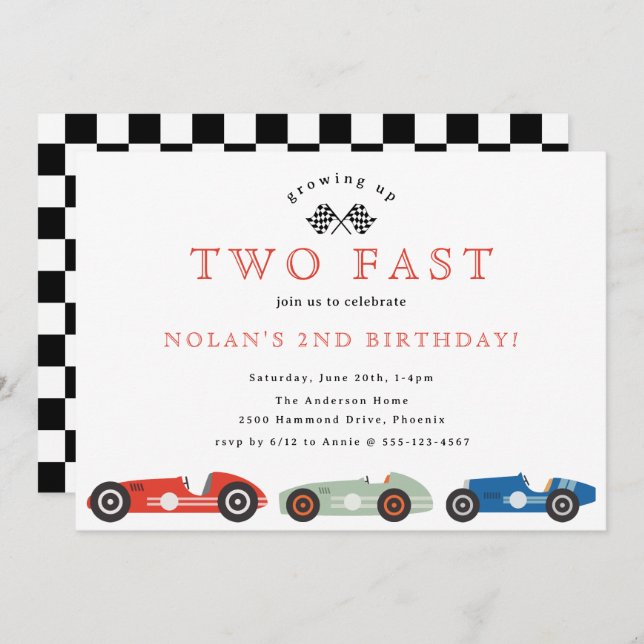 Invitación Race Retro Car Dos Tema Rápido Cumpleaños (Anverso / Reverso)