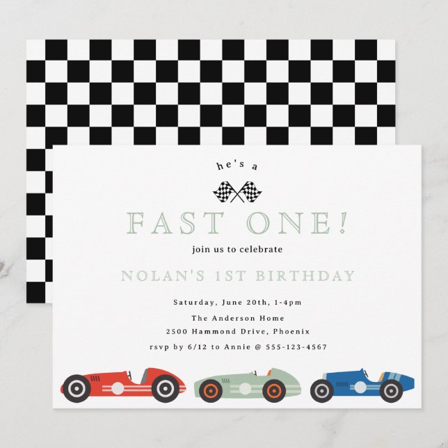 Invitación Race Retro Car Fast One Thday Cumpleaños (Anverso / Reverso)