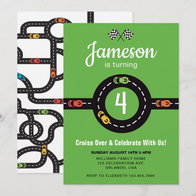 Invitación Race Track Boys 4Cumpleaños Green (Anverso / Reverso)