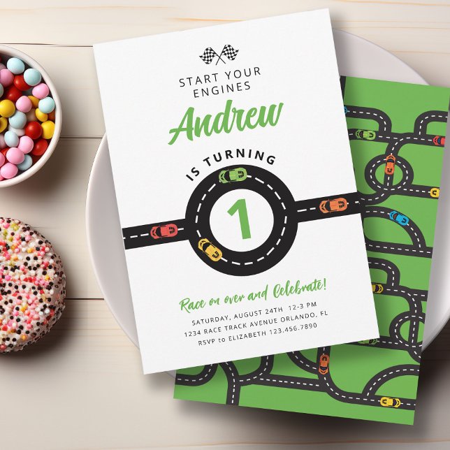 Invitación Race Track Cars Green Boys 1er cumpleaños Invitaci (Subido por el creador)