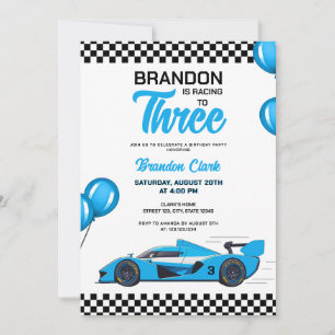 Invitación Racecar Blanco y Azul Cute Kids Cumpleaños