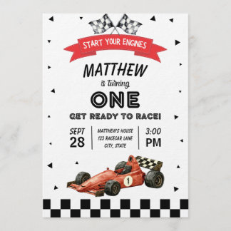 Invitación Racecar First Birthday Retro Watercolor