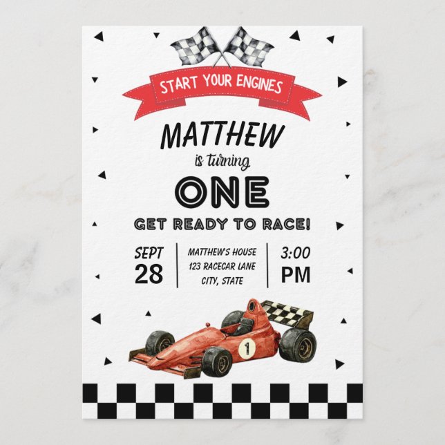Invitación Racecar First Birthday Retro Watercolor (Anverso)