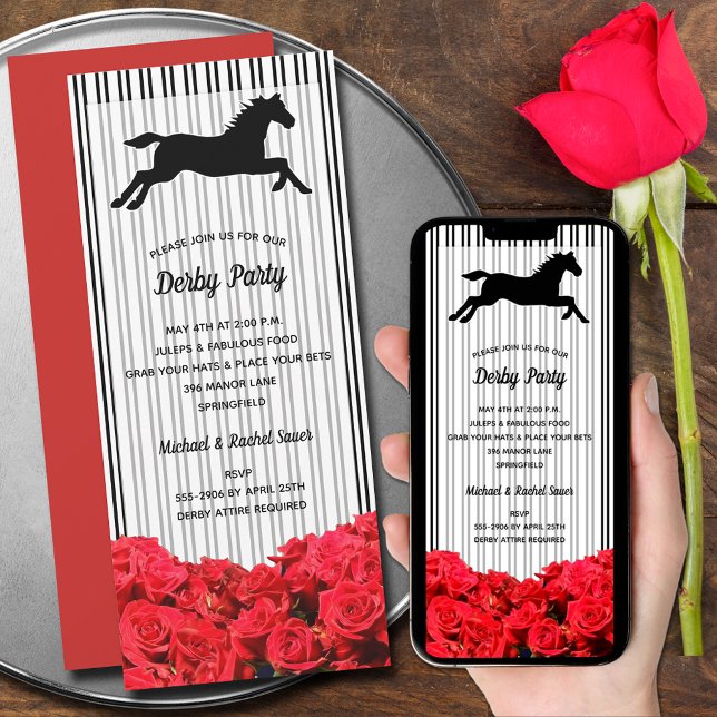 Invitación Racehorse y Rosas Derby Fiesta (Horse Racing Roses Stripes Derby Invitations - printed and perfect size for INSTANT DOWNLOAD!)