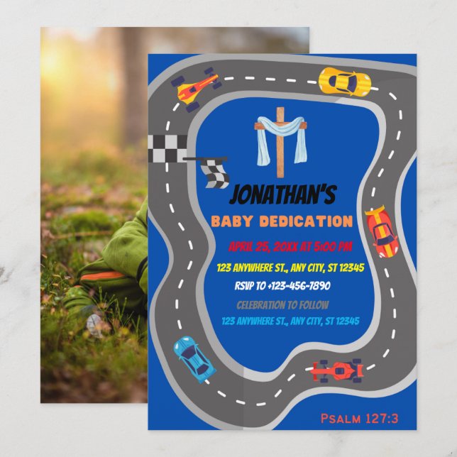 Invitación Racing Cars Racetrack Baby Boy Dedication Photo (Anverso / Reverso)