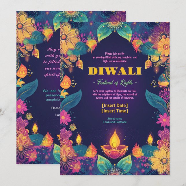 Invitación Radiación vibrante de Diwali (Anverso / Reverso)