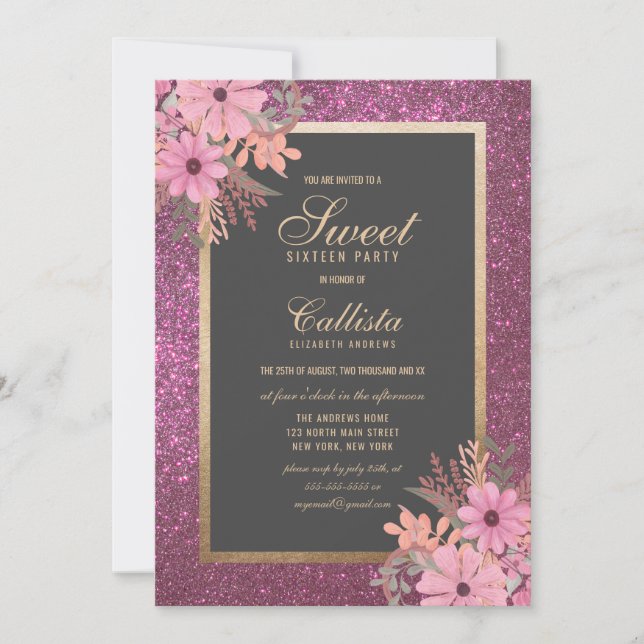 Invitación Radiancia floral de lujo: dulce moderno dieciséis (Anverso)