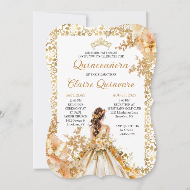 Invitación Radiant Bloom Floral Princess Gold Quinceanera Inv (Anverso)