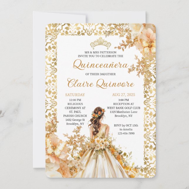 Invitación Radiant Bloom Floral Princess Gold Quinceanera Inv (Anverso)