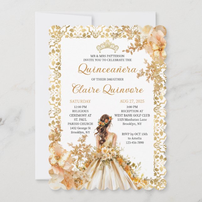Invitación Radiant Bloom Floral Princess Gold Quinceanera Inv (Anverso)