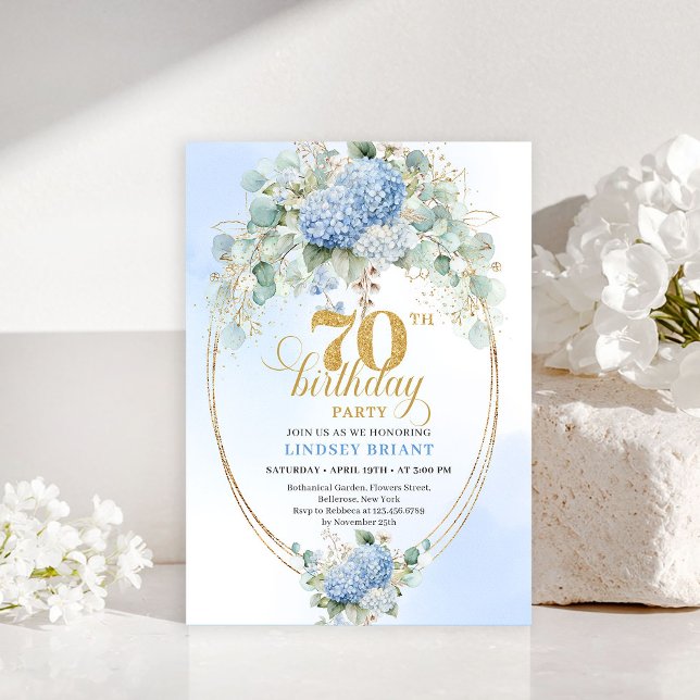 Invitación Radiant Boho Azul Floral Marco Dorado Cumpleaños 7 (Radiant Blue Floral Gold Frame 70th Birthday Invite

)