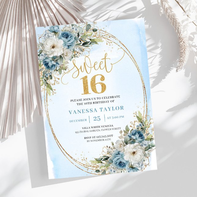 Invitación Radiant Dusty Blue Floral Sweet Sixteen Birthday  (Radiant Dusty Blue Floral Sweet Sixteen Birthday Invitation

)