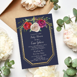 Invitación Radiant Floral Navy Blue Burgundy Baby Shower