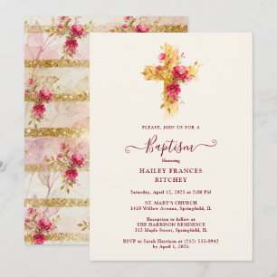 Invitación Radiant Golden Sparkle Botanical Cross Baptism