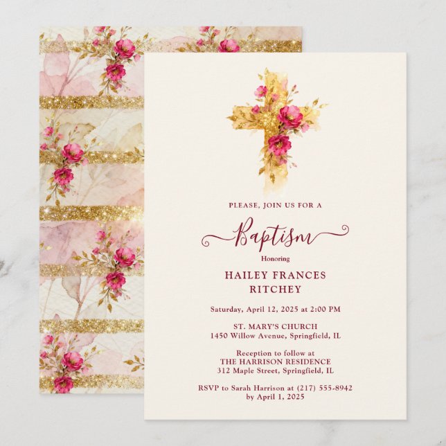 Invitación Radiant Golden Sparkle Botanical Cross Baptism (Anverso / Reverso)