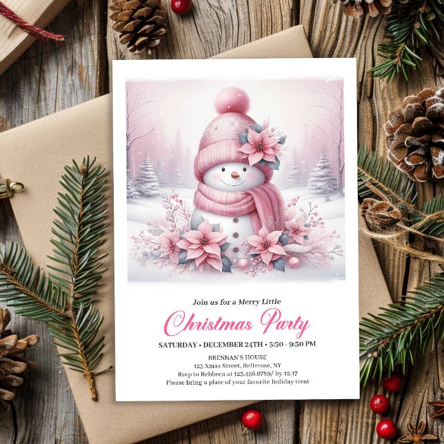 Invitación Radiant Pink Coquette Snowman Kids Christmas  (Radiant Pink Coquette Snowman Kids Christmas Invite File)