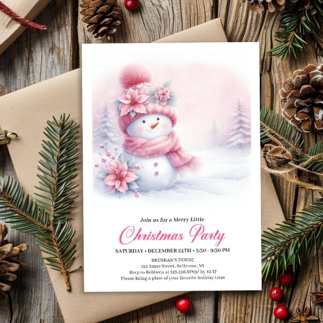 Invitación Radiant Pink Snowman Digital Kids Christmas Party  (Radiant Pink Snowman Digital Kids Christmas Party Invite)