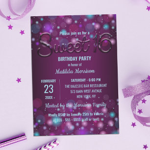 Invitación Radiant Purple Elegant Luces Dulces 16 Cumpleaños