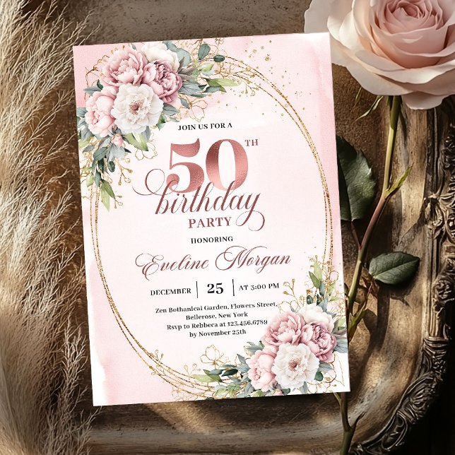 Invitación Radiant Rose Gold Blush Floral Cumpleaños 50  (Radiant Rose Gold Blush Floral 50th Birthday Invitation

)