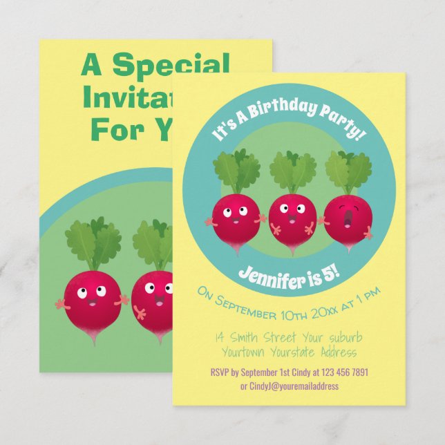 Invitación Radios cortos cantando trio verduras personalizado (Anverso / Reverso)