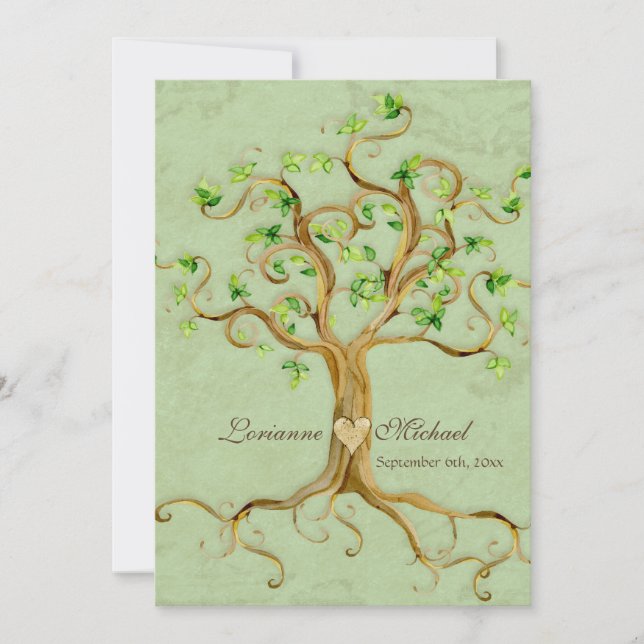 Invitación Raíces De Árbol Swirl Boda De Pergamino Verde Anti (Anverso)