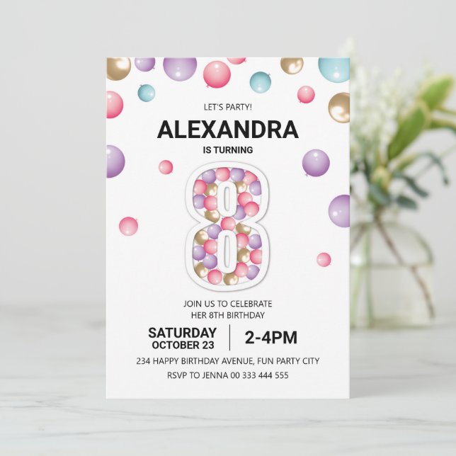 Invitación Rainbow 8º cumpleaños, Chica de globos rosados (Anverso de pie)