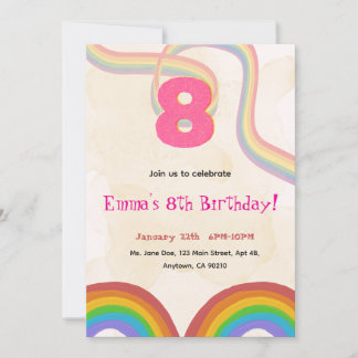 Invitación Rainbow 8th Birthday Party, Pink Girl Invitation