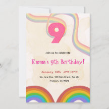  Rainbow 9th Birthday Party Invitation