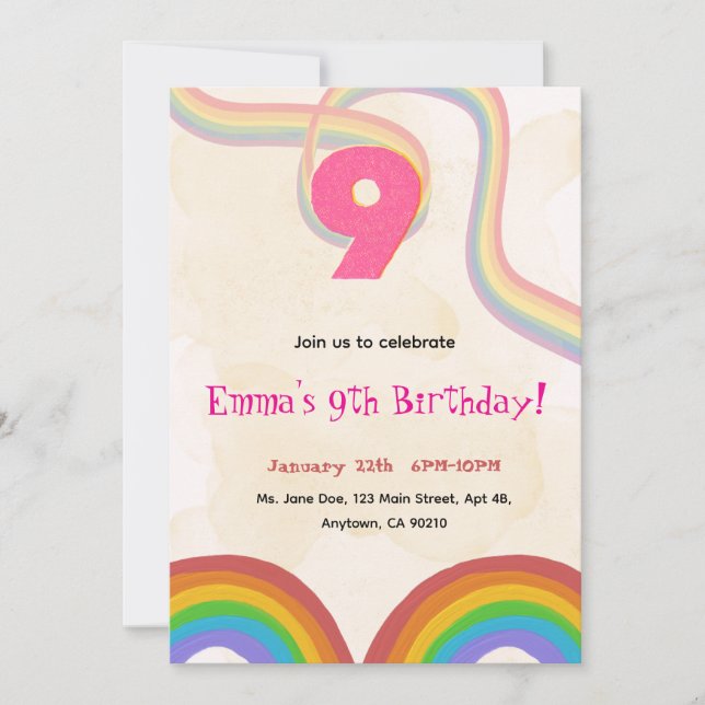 Invitación  Rainbow 9th Birthday Party Invitation (Anverso)