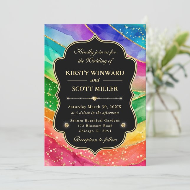 Invitación Rainbow Alcohol Ink Gold Glitter Wedding (Anverso de pie)