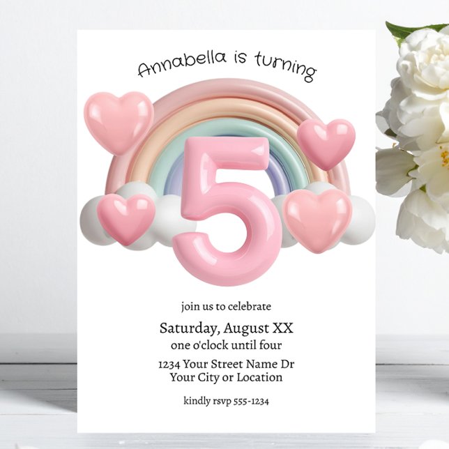 Invitación Rainbow and Hearts 3D 5th Birthday Party (Subido por el creador)